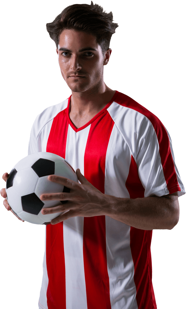 Focused Football Player Holding Soccer Ball on Transparent Background