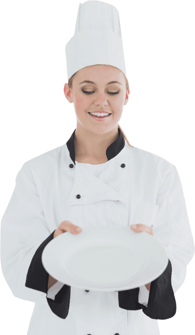 Smiling Female Chef Holding Transparent Empty Plate for Culinary Presentation