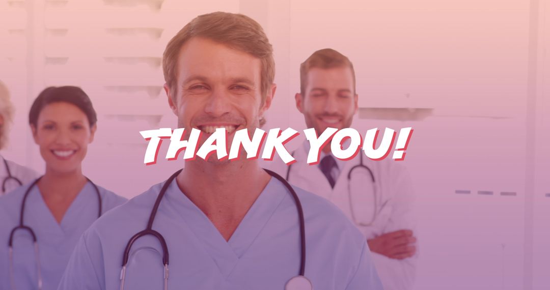Diverse Medical Team with Thank You Text Overlay