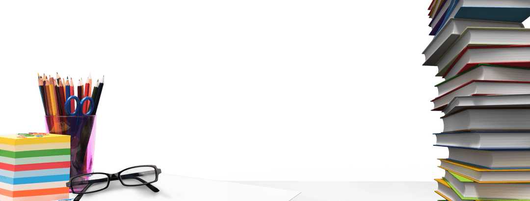 Books and Stationery with Eyeglasses on Transparent Background