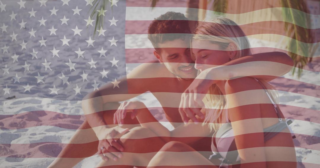Sitting couple embracing on tropical beach with American flag overlay at golden hour