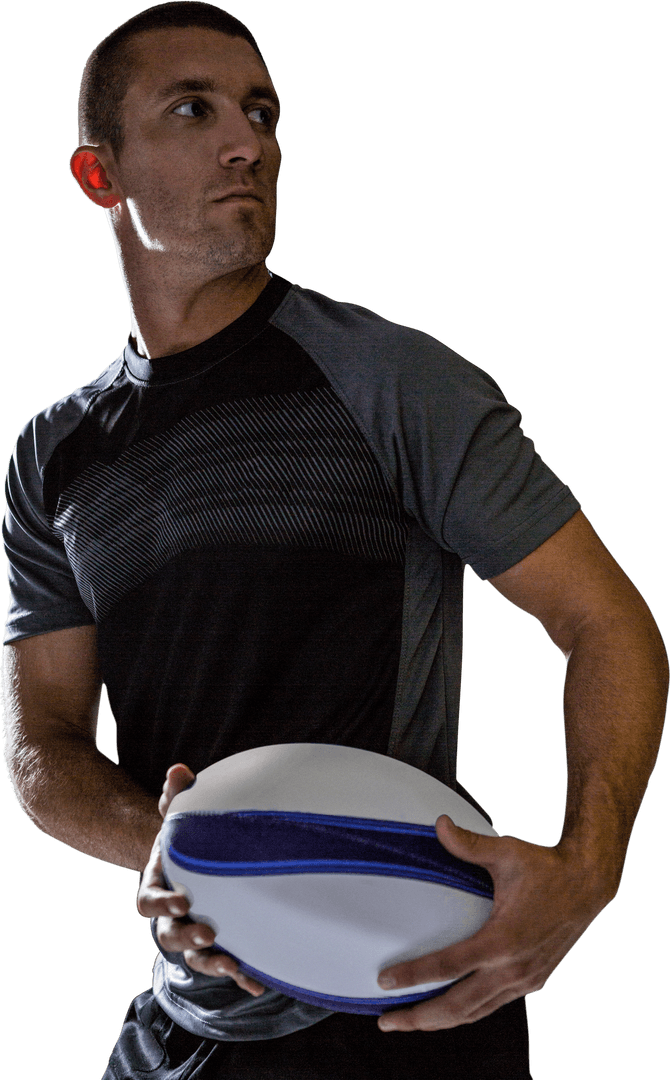 Transparent Male Rugby Player Holding Ball with Focused Expression