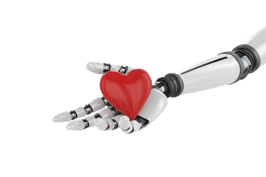 Bionic Hand Holding Red Heart Transparently Emphasizing Emotional AI