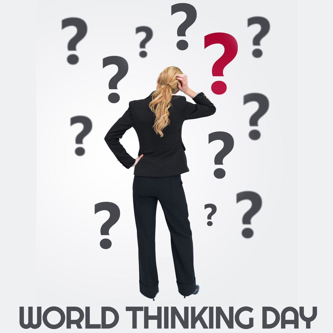 Curious Businesswoman Surrounded by Question Marks