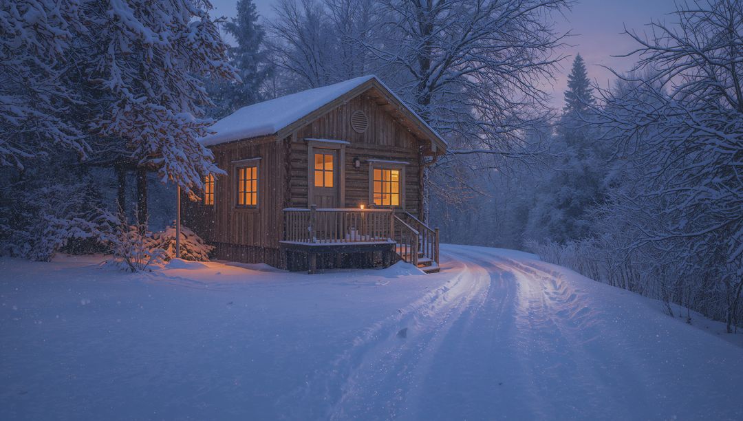 Cozy wooden cabin glowing at dusk in snowy forest with lit windows and snowy driveway