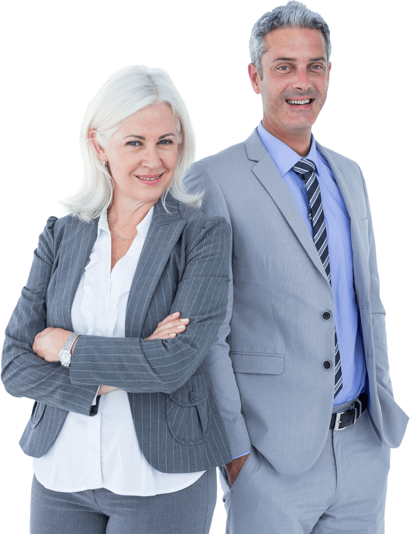 Confident Professionals Smiling in Transparent Business Attire