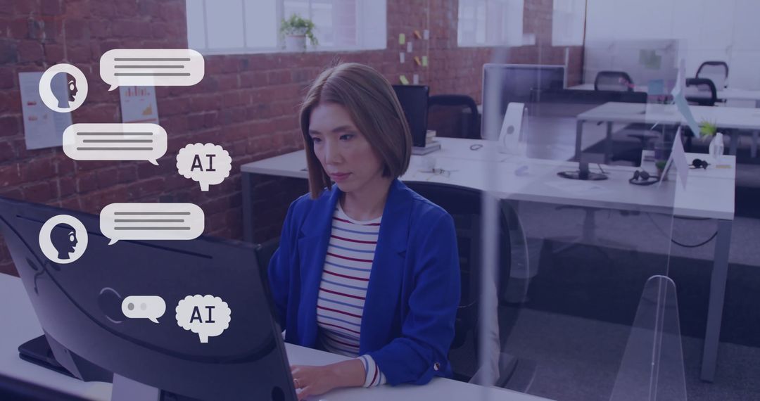 Woman Using AI Chat Interface in Office for Professional Communication