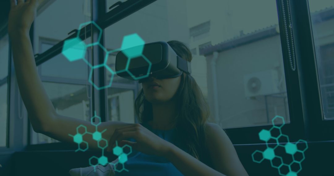 Woman Using VR Headset with Medical Data Overlays