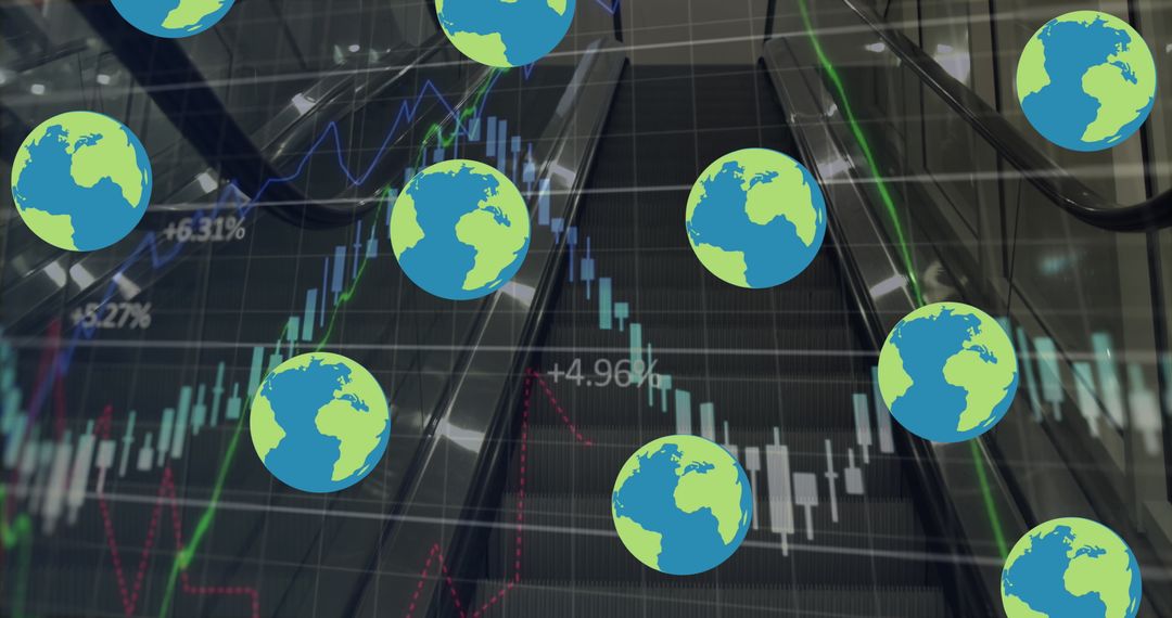 Globes Floating Over Digital Stock Charts and Escalators Symbolizing Global Economy