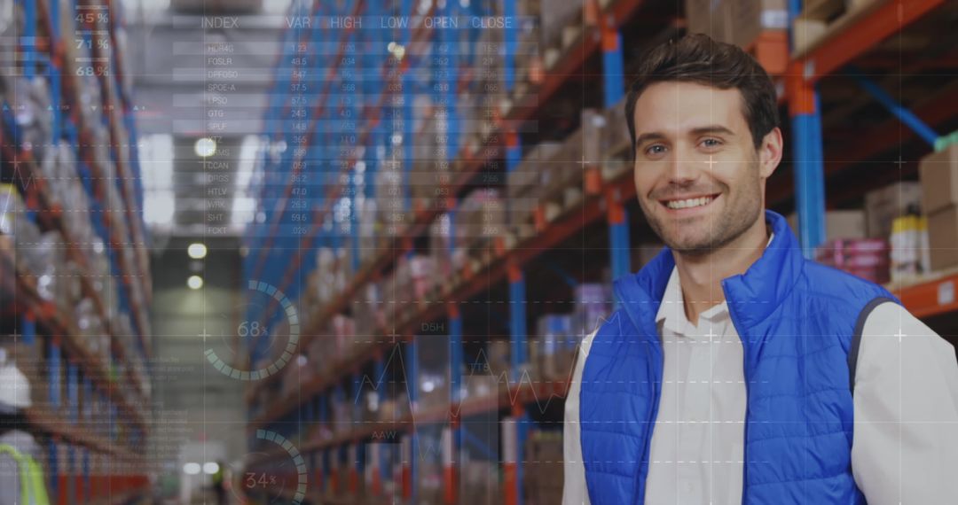 Smiling Warehouse Worker with Digital Overlay in Logistics Hub