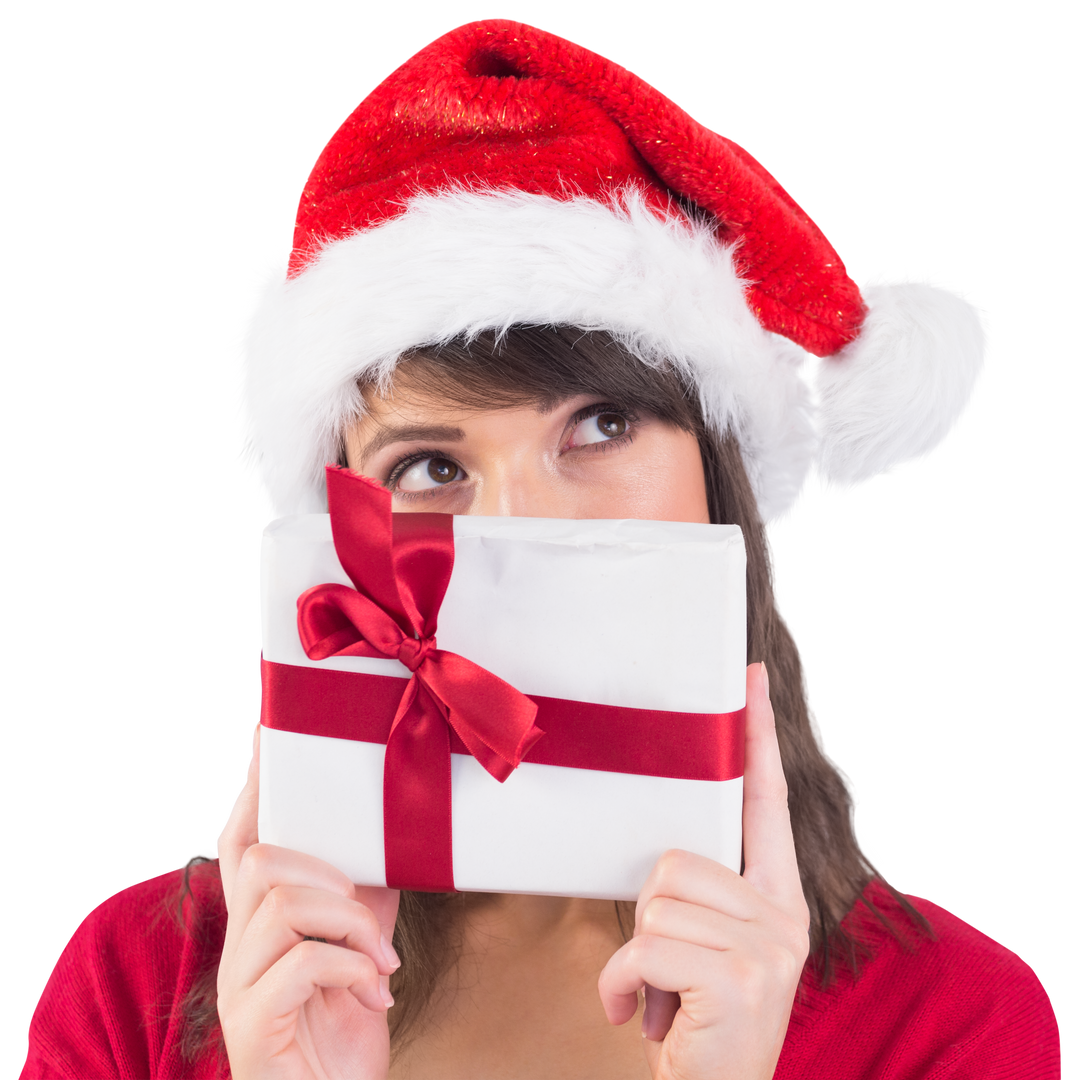 Woman in Santa Hat Holding Gift Box with Red Bow Transparent Background - Download Free Stock Images Pikwizard.com