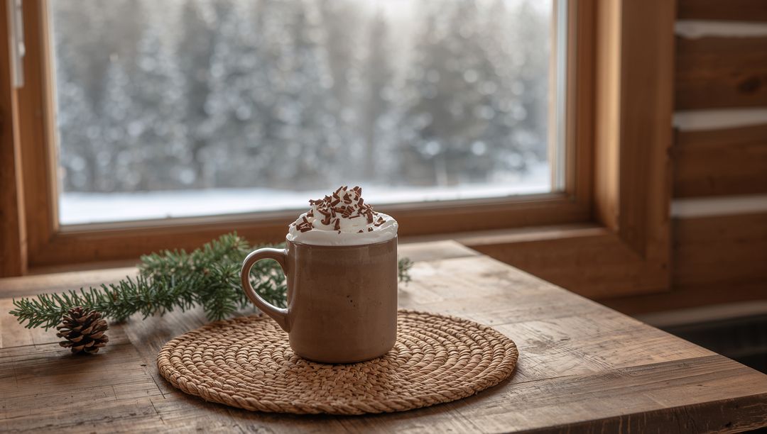 Brown ceramic mug topped with whipped cream resting on jute mat at snowy cabin window