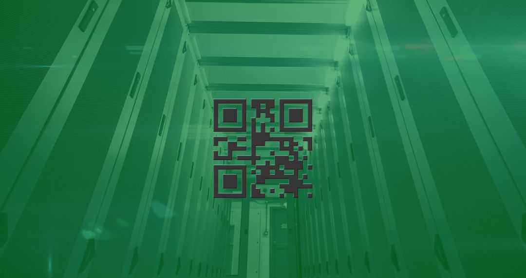 Glowing Green QR Code with Computer Servers in Digital Security Scene