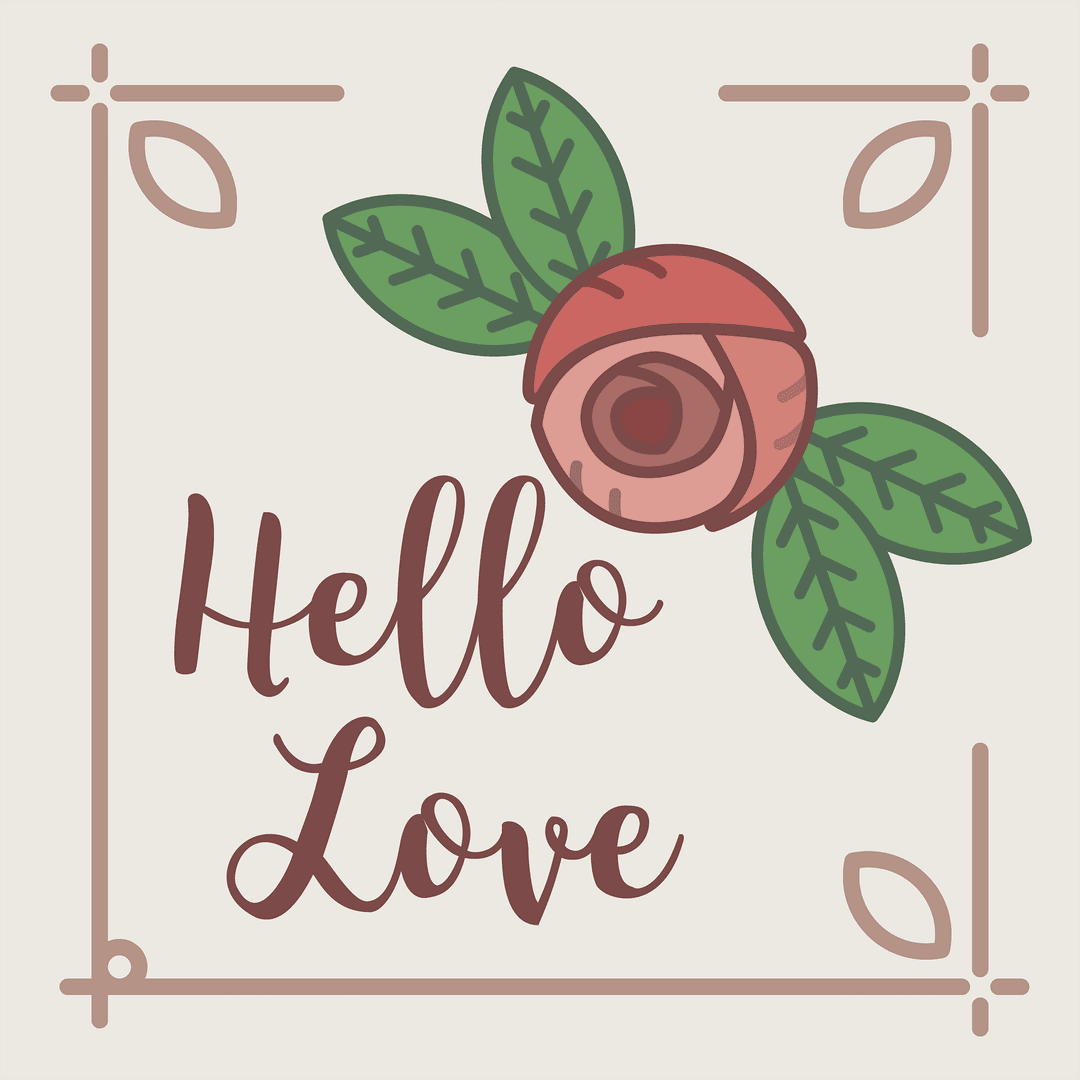 Digital Flower Illustration with 'Hello Love' Text on Transparent Background