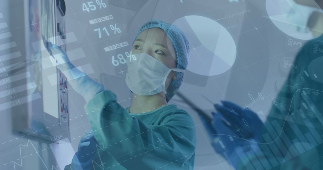 Doctors Discussing Patient Reports with Digital Infographic Overlay