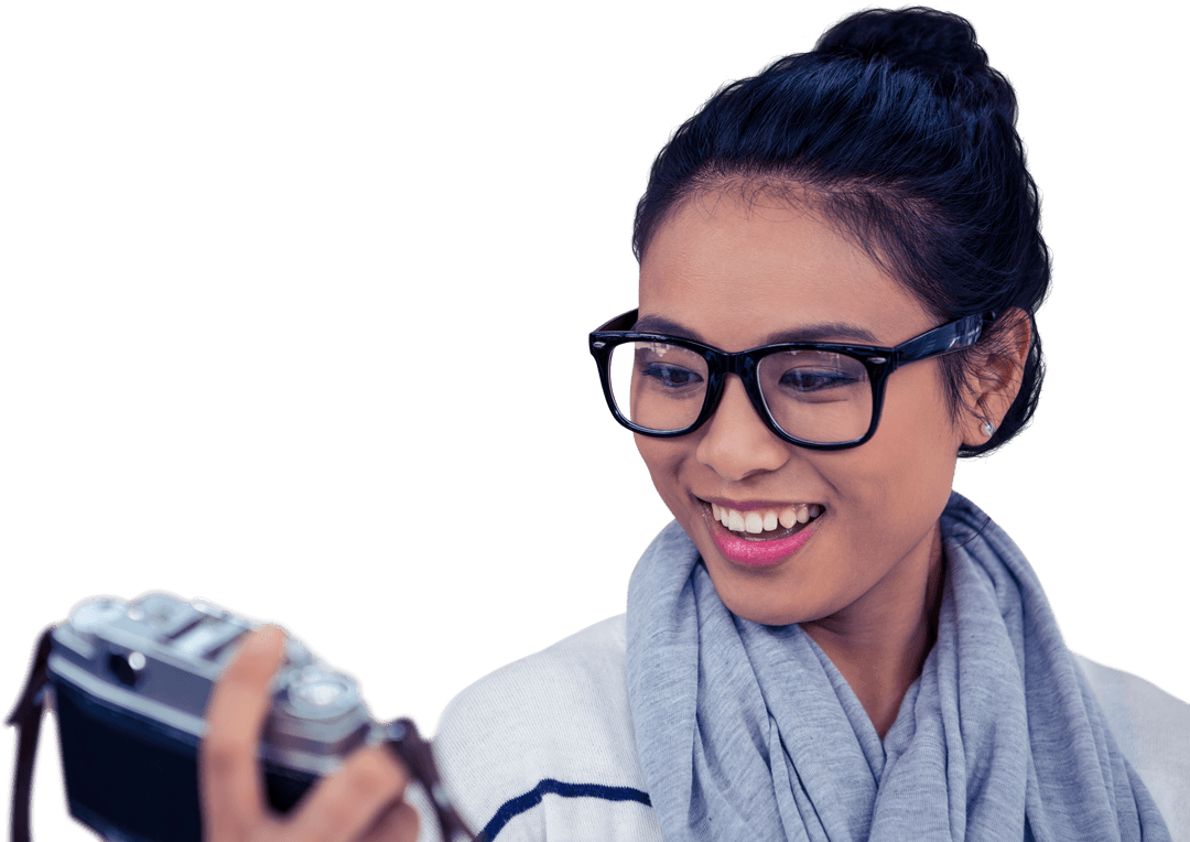 Smiling Woman with Camera and Transparent Background