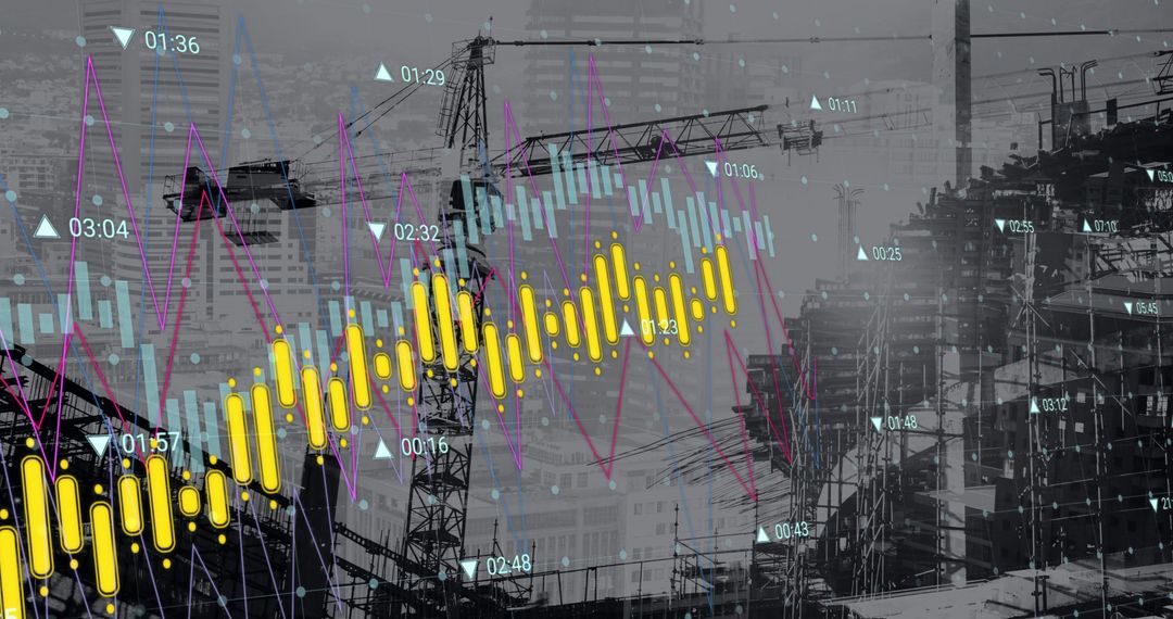 Financial Data Overlay on Construction Site Representing Business Growth