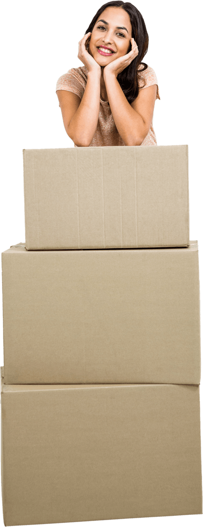 Smiling Woman Resting on Stack of Three Cardboard Boxes Eco Background Transparent