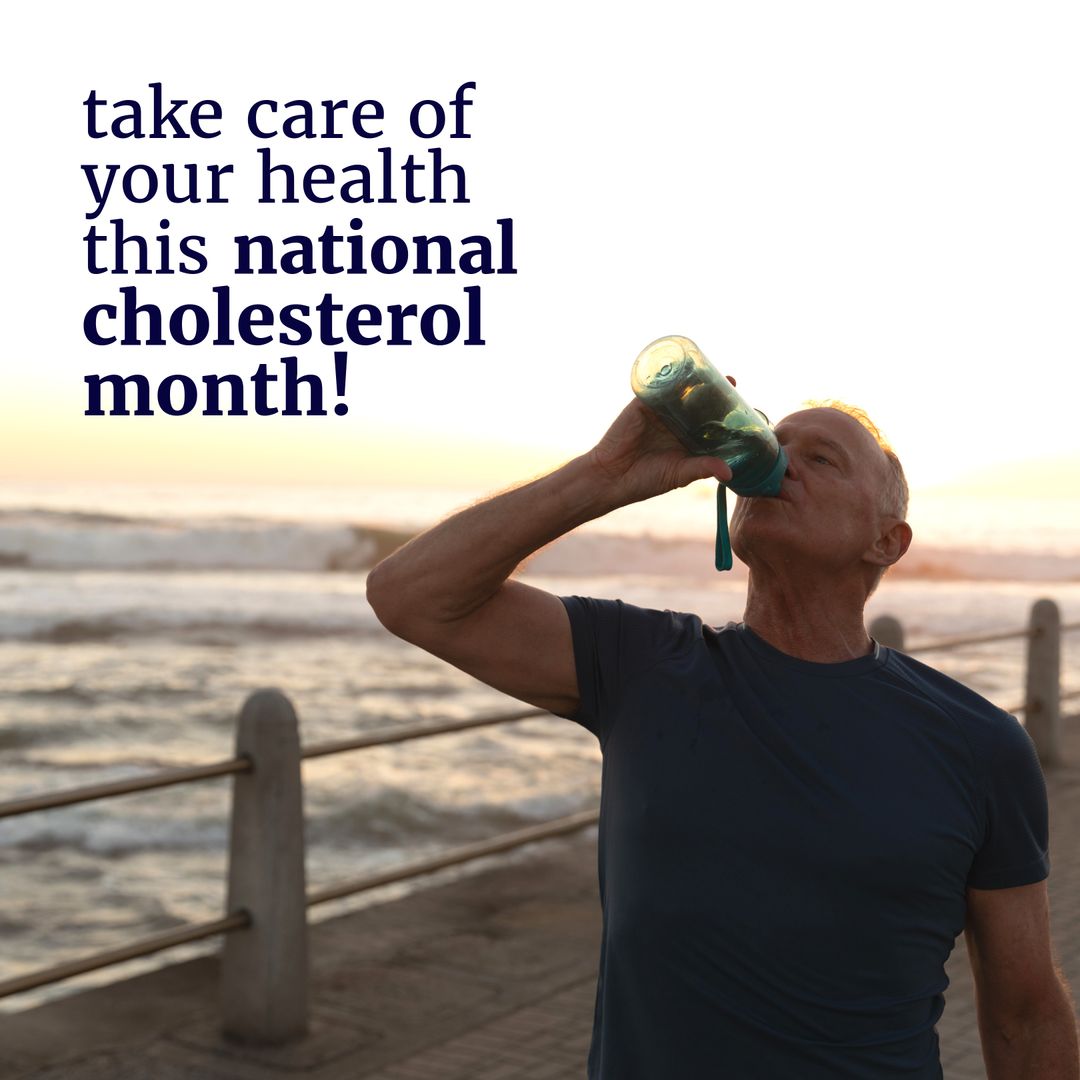 Senior Man Drinking Water Celebrating National Cholesterol Month