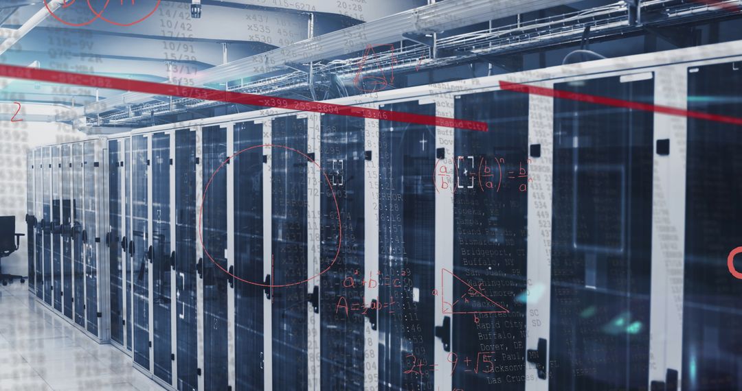 High-Tech Data Center with Overlaid Mathematical Equations