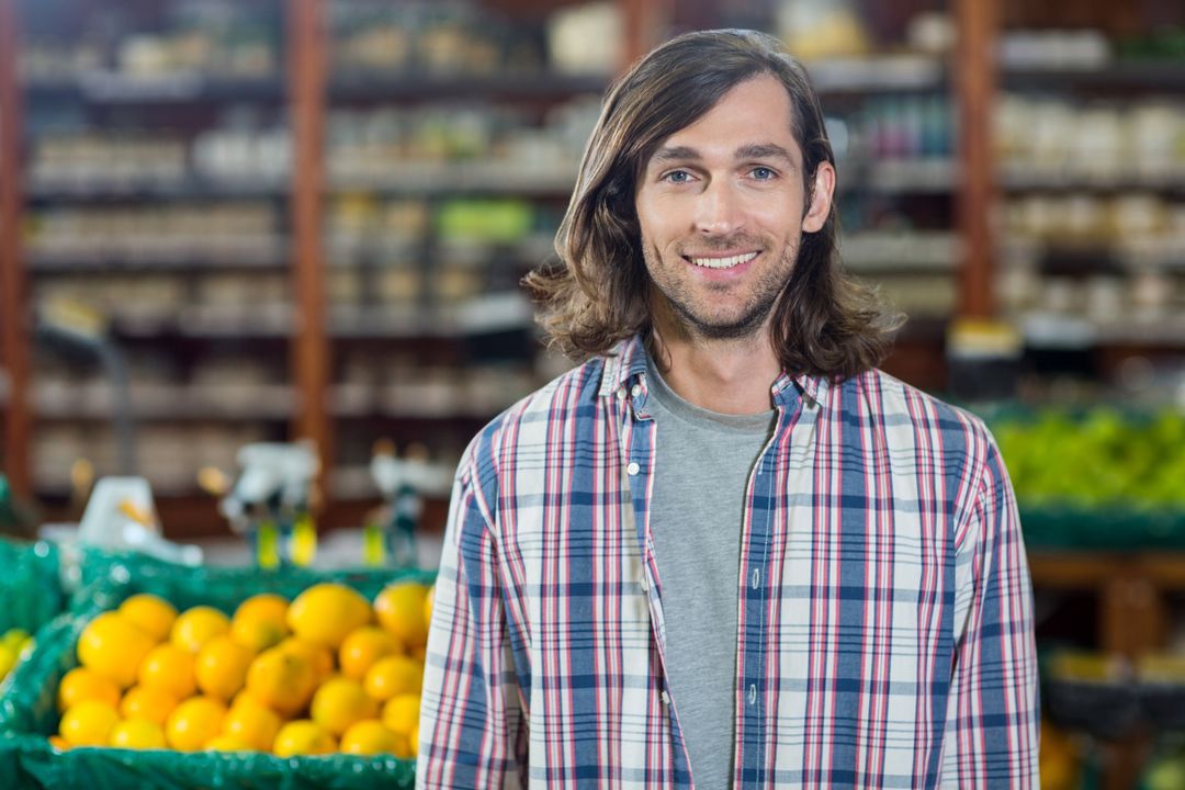 Man Smiling at Camera in Supermarket Produce Section