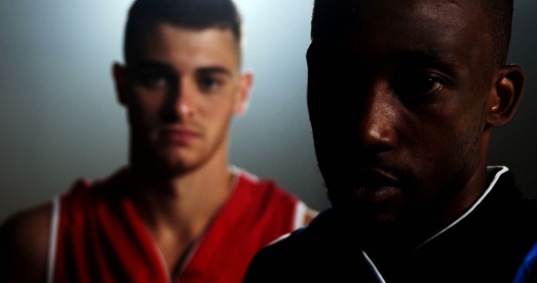 Focused Basketball Players in Intense Rivalry