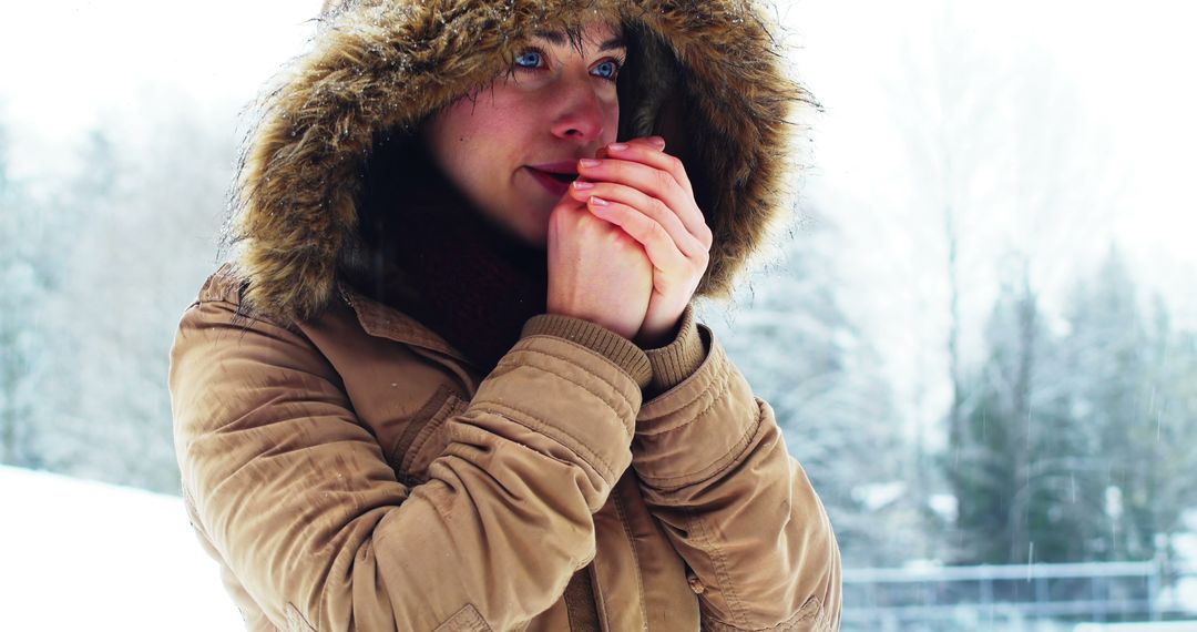 Woman Warming Hands in Winter Landscape Wearing Fur Hooded Jacket - Free Images, Stock Photos and Pictures on Pikwizard.com