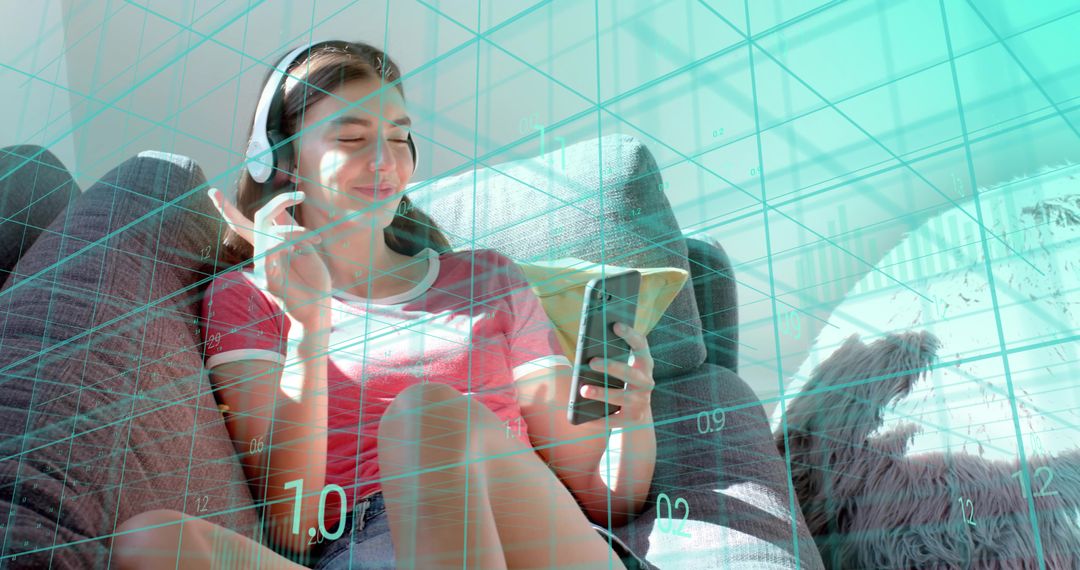 Young woman relaxing on sofa with headphones and smartphone, teal digital grid overlay