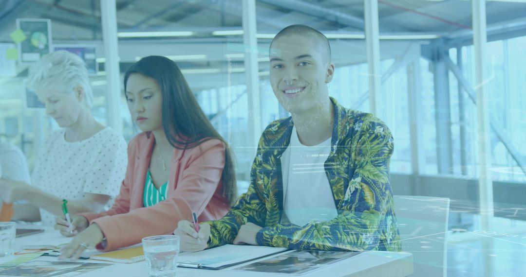 Collaborative Team Planning in Modern Office with Digital Overlay