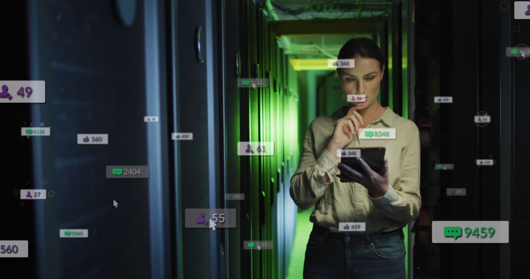 Woman Analyzing Social Media Data on Tablet in Modern Data Center - Free Images, Stock Photos and Pictures on Pikwizard.com