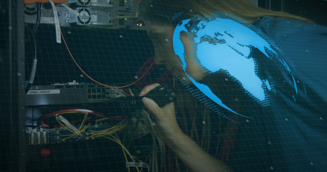 Engineer Examining Network Cables with Digital Globe Interface