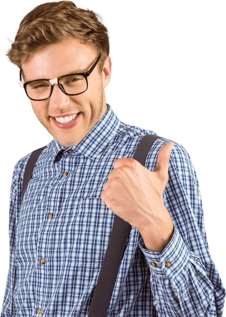 Geeky Hipster Giving Thumbs Up on Transparent Background
