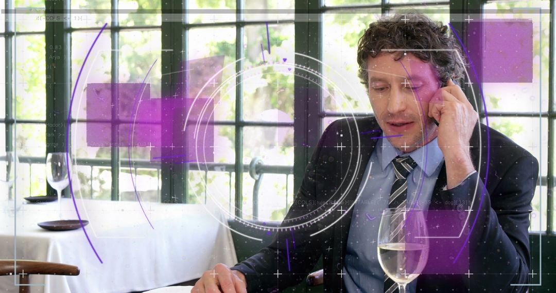 Businessman in Restaurant Experiencing Digital Glitch While on Call