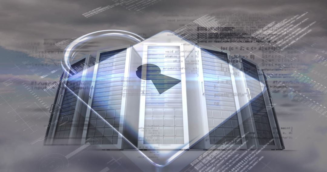 Digital Security Concept with Padlock and Server Room Background