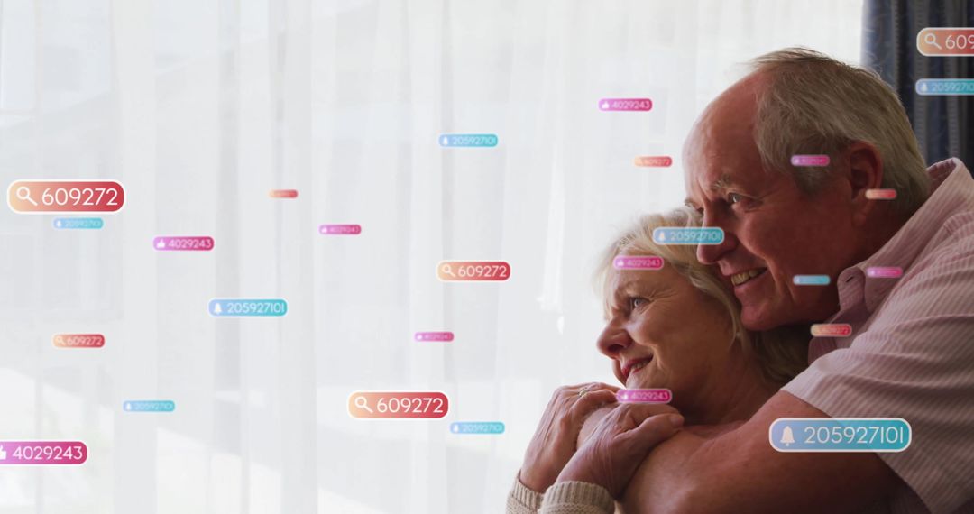Elderly Couple Embracing Amidst Digital Data Interface