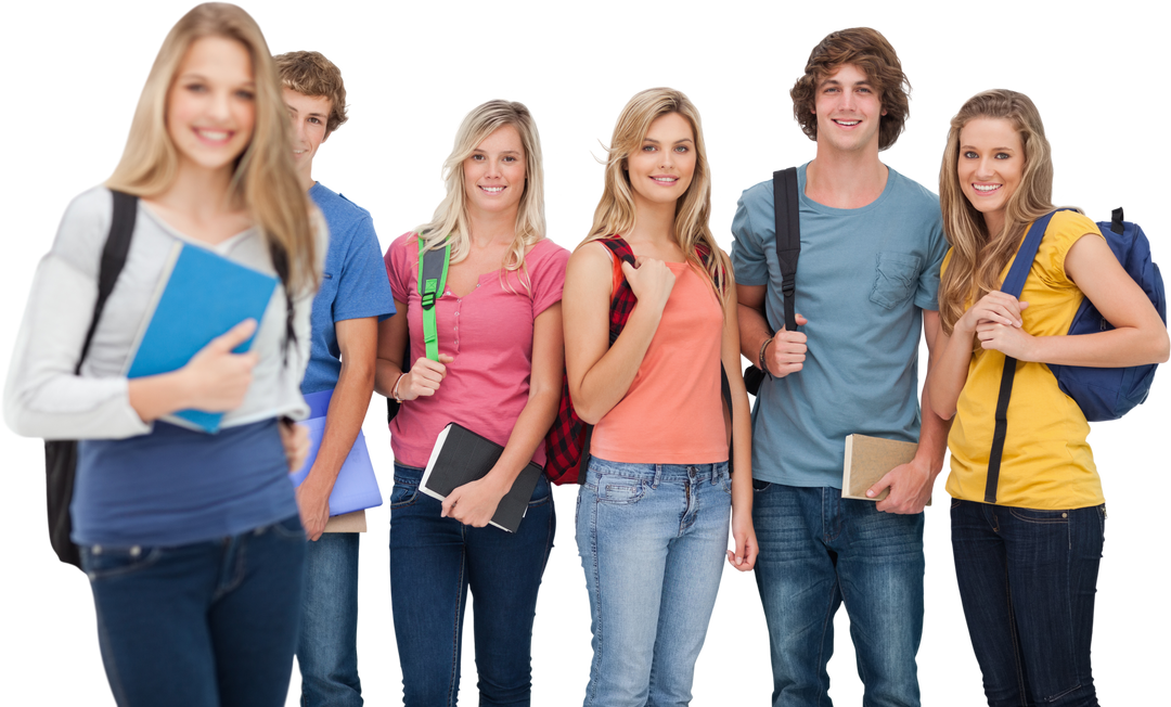 Transparent Background Group of Smiling College Friends with Backpacks and Books Standing Together - Download Free Stock Images Pikwizard.com