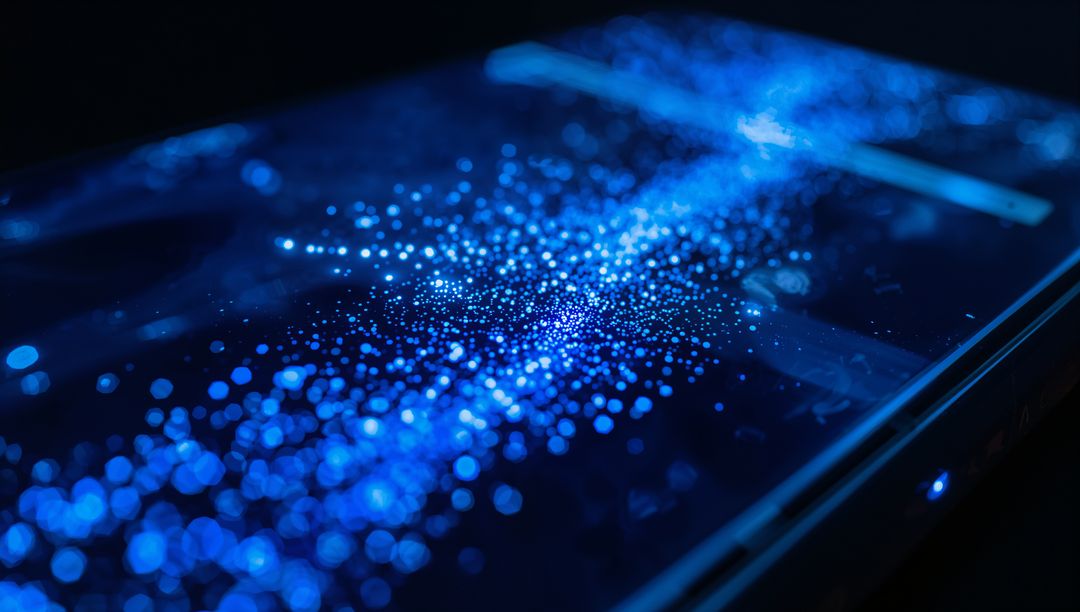Smartphone Screen Emitting Blue Bokeh Particles with Cyan Glow and LED Bezel Macro