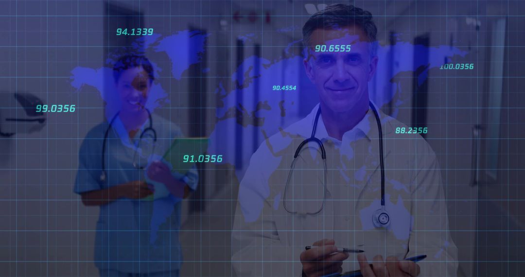 Doctor and Nurse in Hospital Corridor with Global Data Overlay