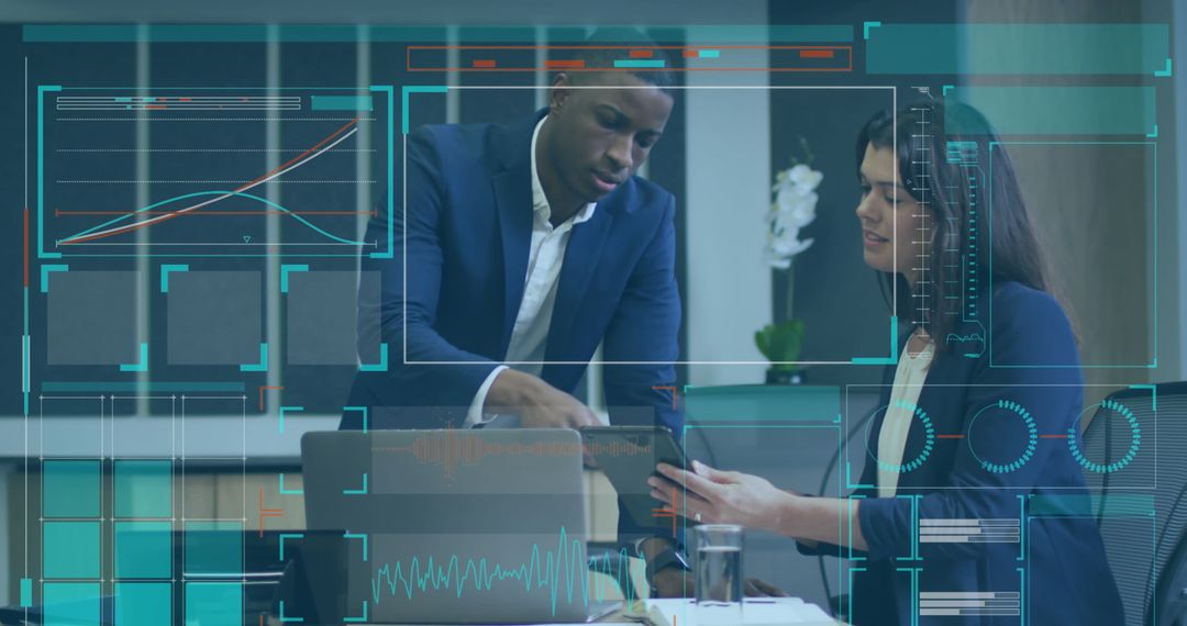 Business Colleagues Analyze Data on Digital Interface in Modern Office