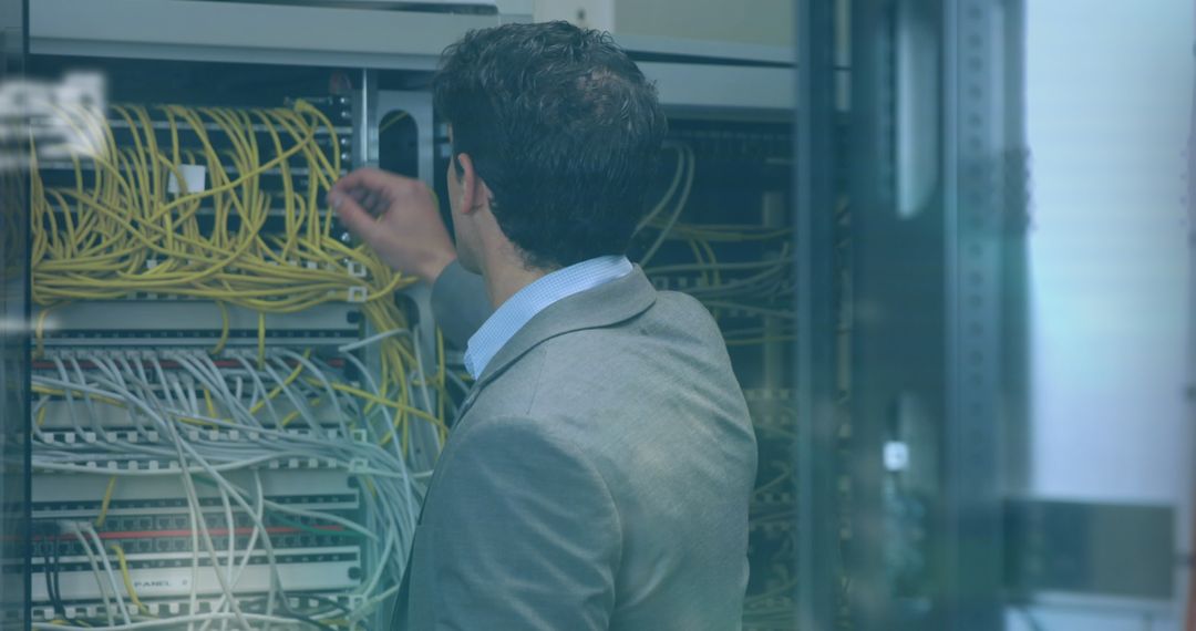Male IT Technician Managing Server Connection Cables
