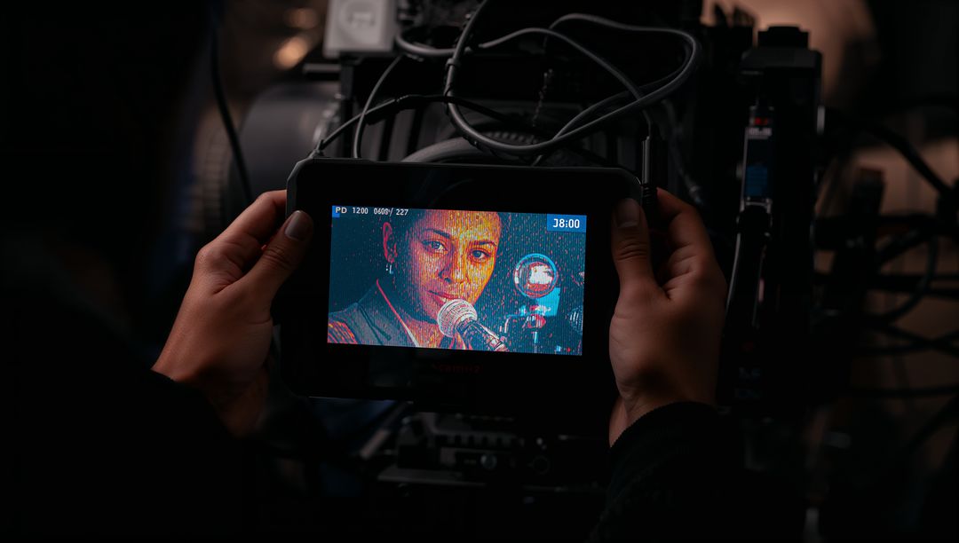 On-camera Monitor Showing Vocalist Singing into Microphone amid Camera Rig and Timecode