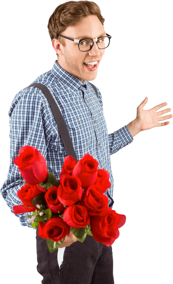 Smiling Hipster with Roses on Transparent Background