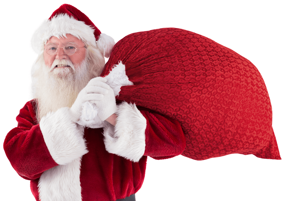 Santa Carrying Red Sack with Cheerful Expression Transparent Background