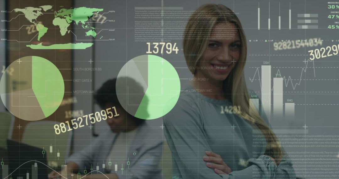 Confident Businesswoman with Innovative Data Infographic Overlay