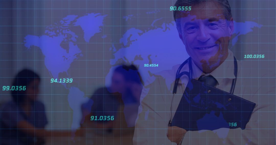 Senior Doctor with World Map and Data Overlay on Health Trends