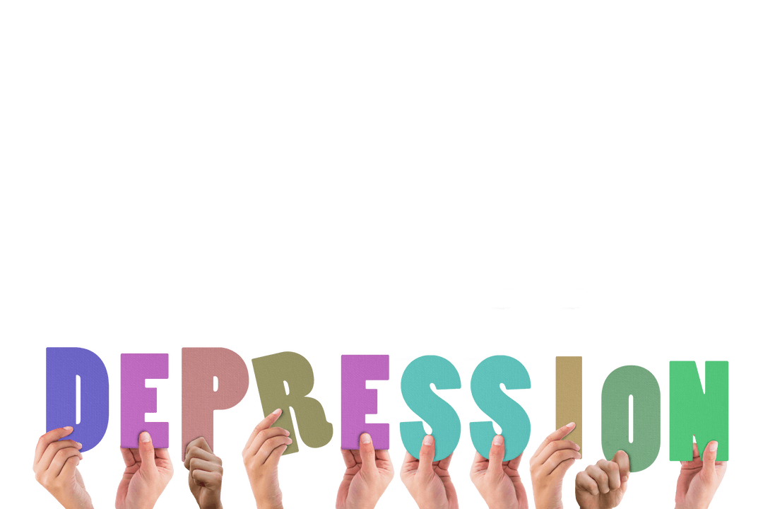 Hands Holding Colorful Transparent Letters Forming Word Depression