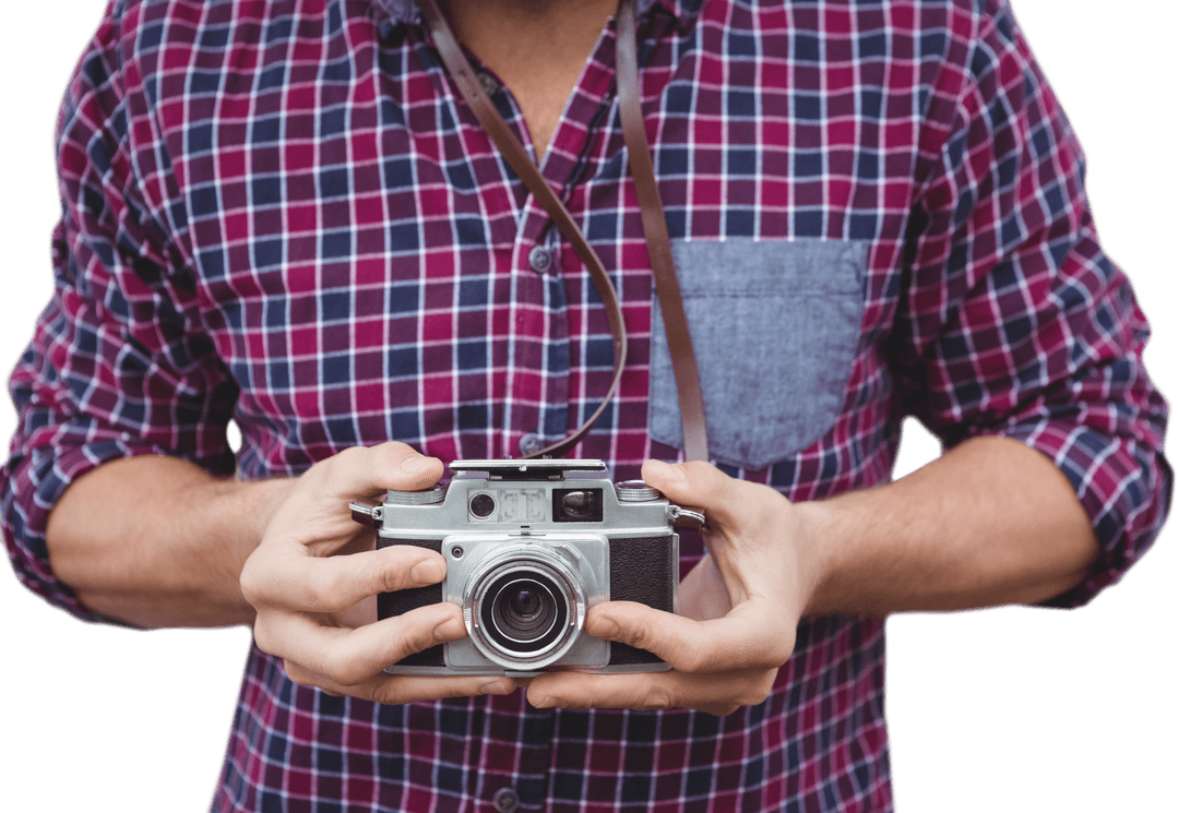 Transparent Image of Man Holding Vintage Camera in Casual Outfit