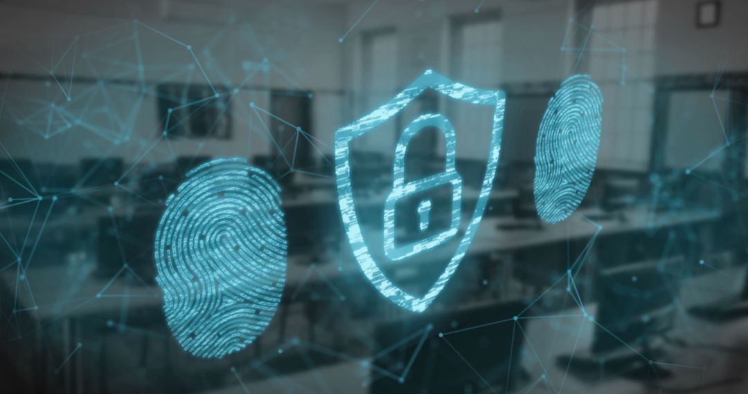 Digital Security Icons Overlaying Modern Workplace