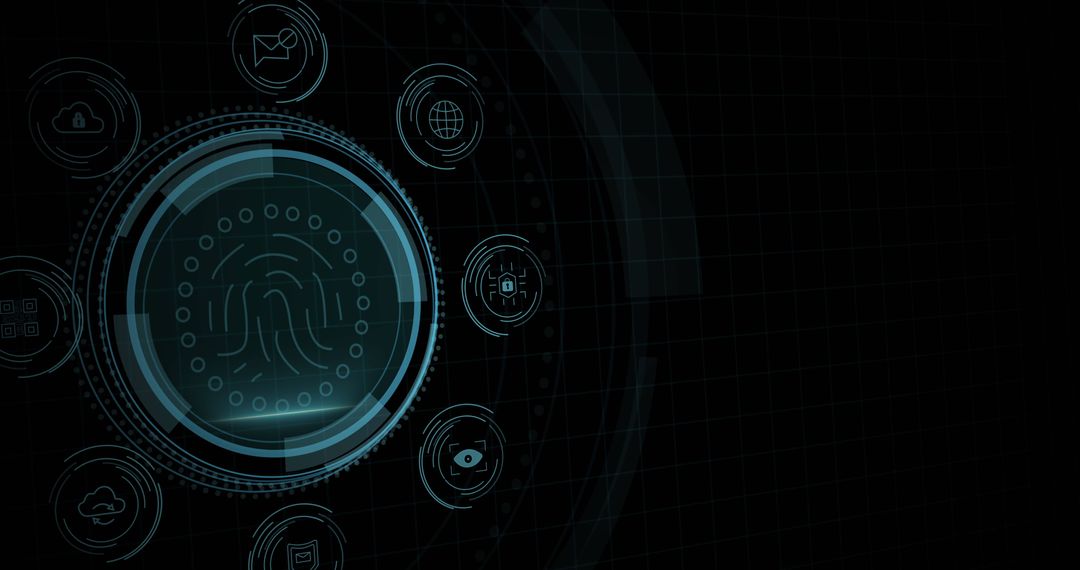 Digital Fingerprint Illustration with Cybersecurity Icons and Dark Background