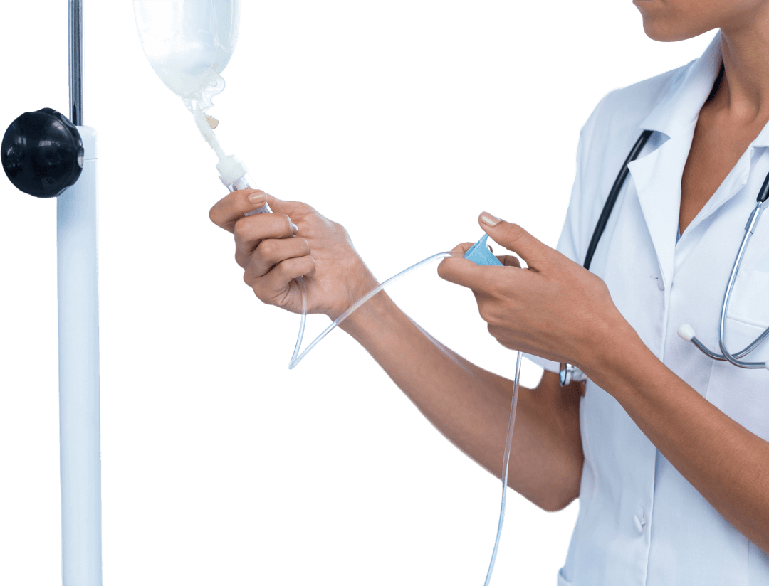 Female Doctor Adjusting Transparent IV Drip in Hospital Setting